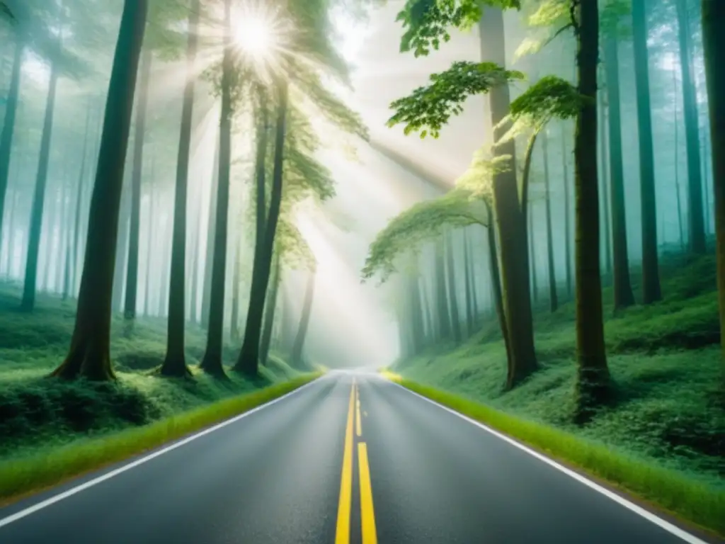 Camino sereno entre árboles majestuosos y verdor exuberante Un viaje mágico por una carretera ecológica rodeada de naturaleza exuberante y neumáticos silenciosos