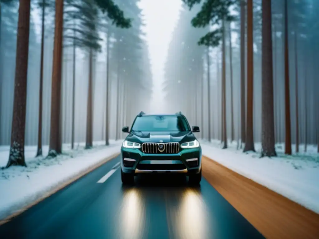 Viaje seguro en invierno: SUV familiar en carretera nevada, niños admirando paisaje invernal