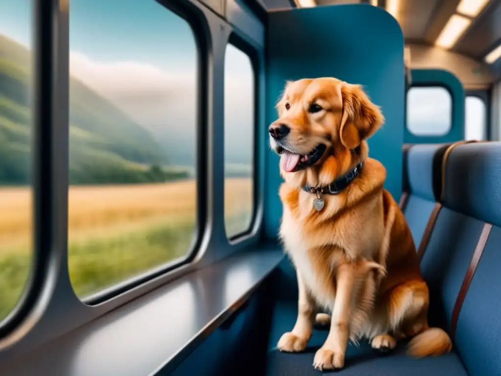 Viaje en tren: Golden Retriever feliz disfruta del paisaje europeo Un viaje en tren por Europa con una mascota feliz y relajada disfrutando del paisaje