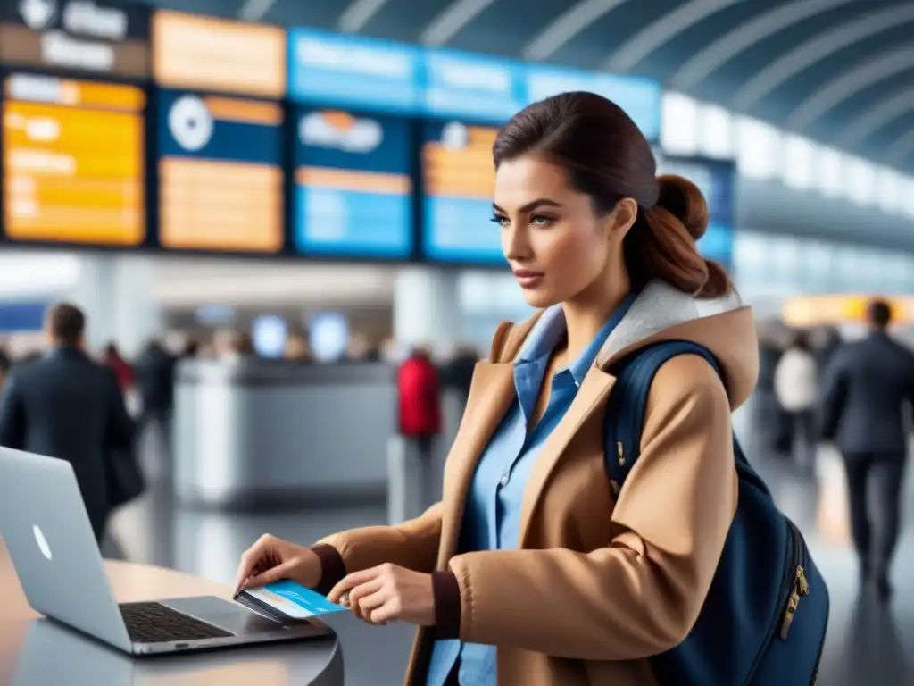 Viajero enfocado compara tarjetas de crédito de viaje en bullicioso aeropuerto