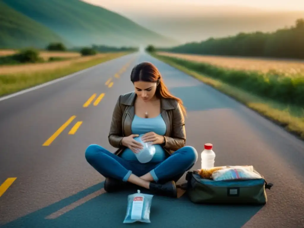 Viajero con malestar estomacal en ruta: impactante escena de urgencia Viajero con malestar estomacal en carretera, enfocando en seguridad alimentaria