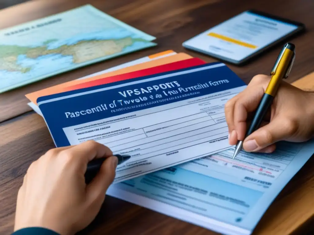 Organización meticulosa de visas y documentos de viaje Un viajero organiza con meticulosidad documentos de visas y permisos para viajes en un escritorio de madera, creando un ambiente enfocado y organizado