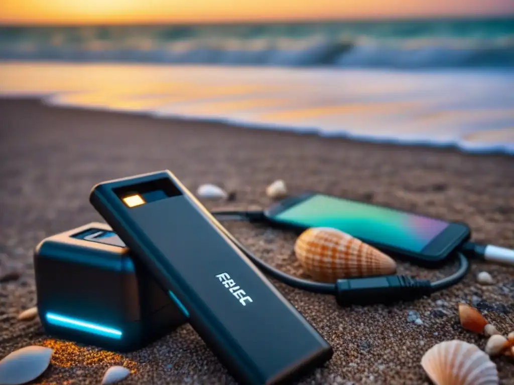 Viajero conectado: atardecer en playa remota Viajero en playa remota al atardecer, carga móvil con power bank