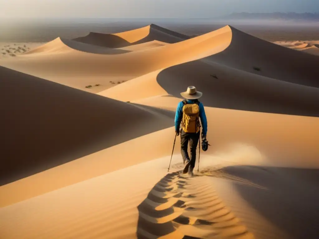 Viajero solitario en un desierto infinito Un viajero solitario explora un vasto desierto bajo el sol abrasador