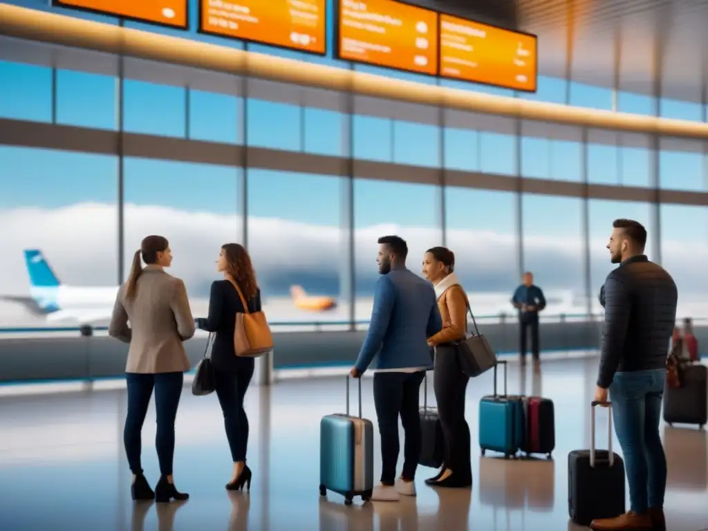 Energía en Aeropuerto: Viajeros con Power Banks Viajeros en el aeropuerto con las mejores baterías externas para viajes en mano, reflejando emoción y conexión en sus rostros