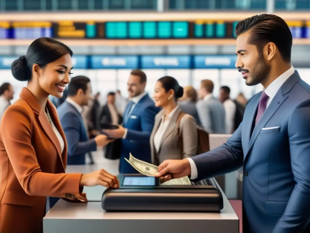 Viajeros de diversas culturas intercambian dinero en aeropuerto animado, destacando tarjetas de crédito de viaje
