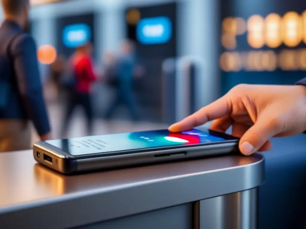 Batería externa recargando smartphone en aeropuerto Viajeros felices en aeropuerto mientras cargan sus dispositivos con las mejores baterías externas para viajes