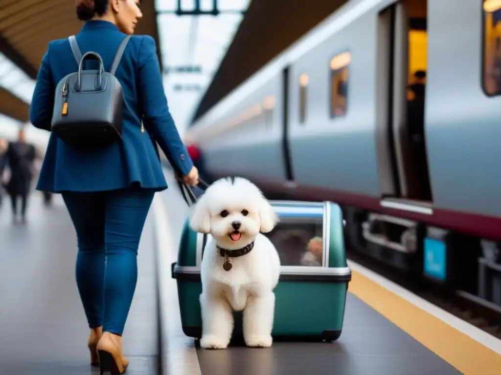 Emocionante escena de viajeros con mascotas en la estación de tren europea Viajeros con mascotas esperan en estación de tren en Europa