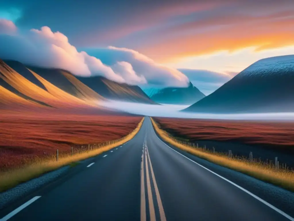 Camino de medianoche: belleza surreal en el Círculo Ártico Viajes por carretera en latitudes extremas: un paisaje surrealista bañado por el sol de medianoche en el Círculo Ártico