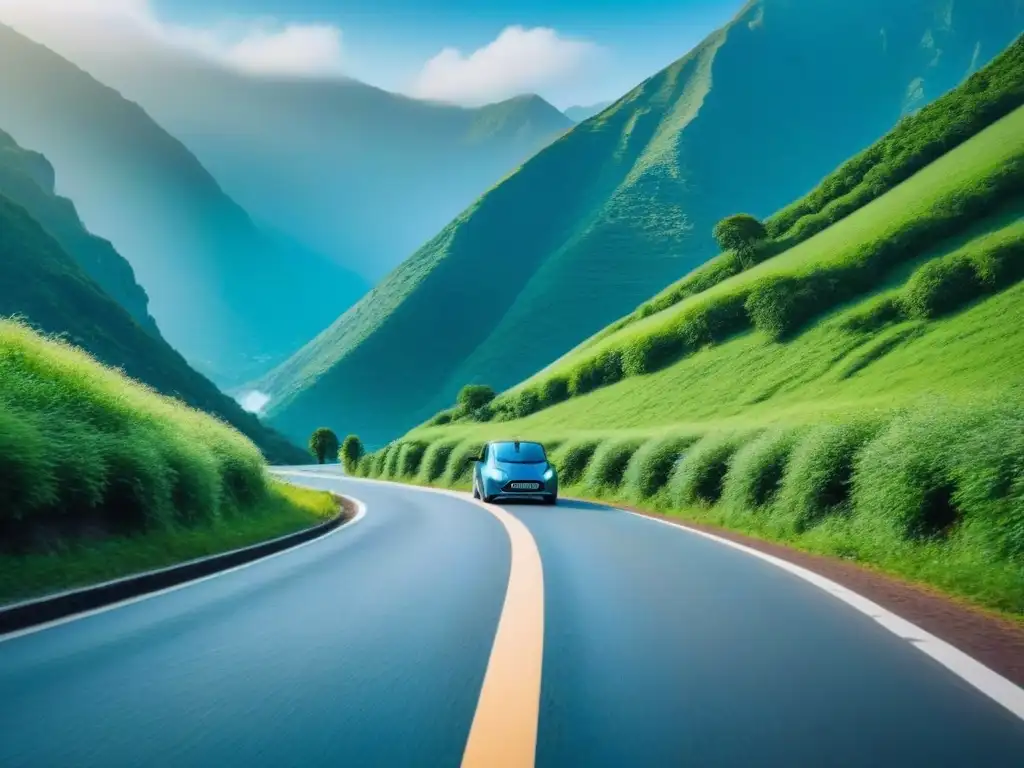 Viaje eco sostenible: carretera serpenteante entre montañas verdes Viajes por carretera sostenibles: Carretera serpenteante entre montañas verdes, cielo azul y autos eléctricos