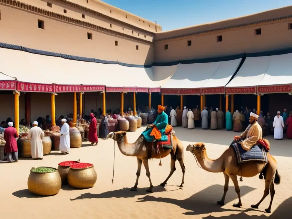 Mercado ancestral en la Ruta de la Seda: intercambio cultural y comercial Viajes y comercio en la vibrante Ruta de la Seda Asia, con mercaderes intercambiando bienes bajo coloridos toldos