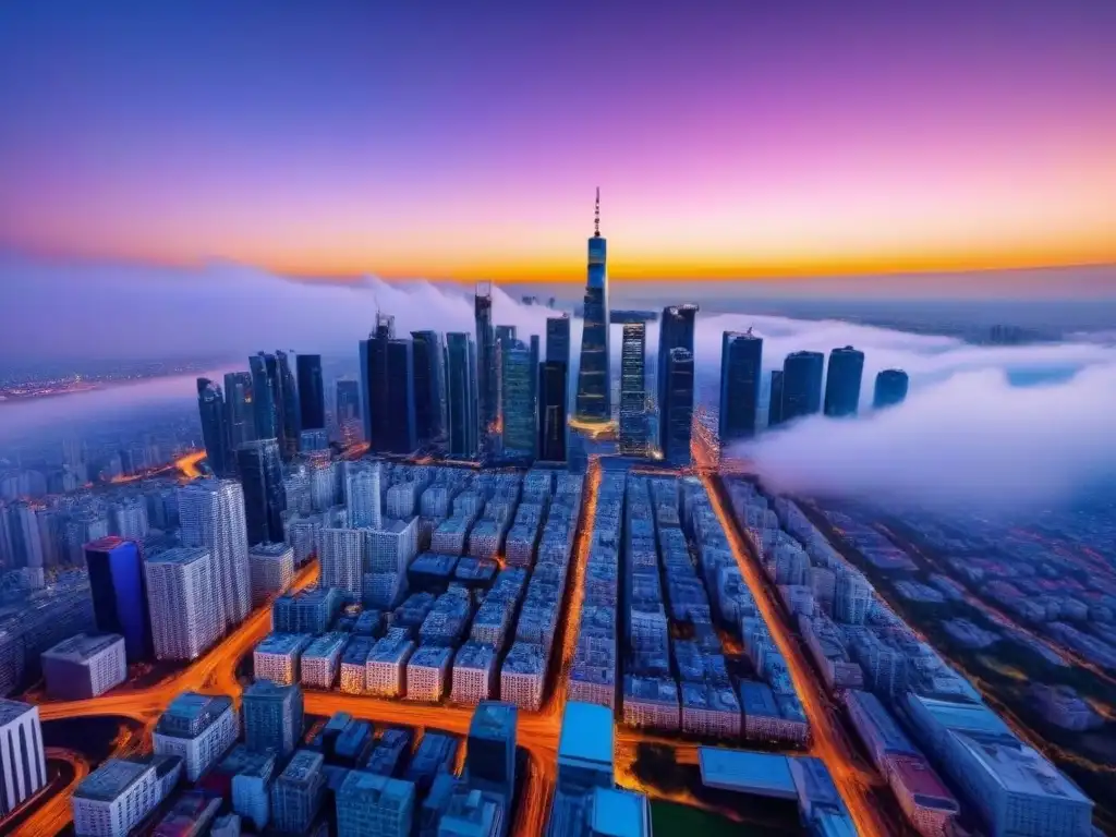 Espléndida vista aérea de una ciudad vibrante al atardecer Vibrante metrópolis al atardecer, reflejando vida y energía urbana