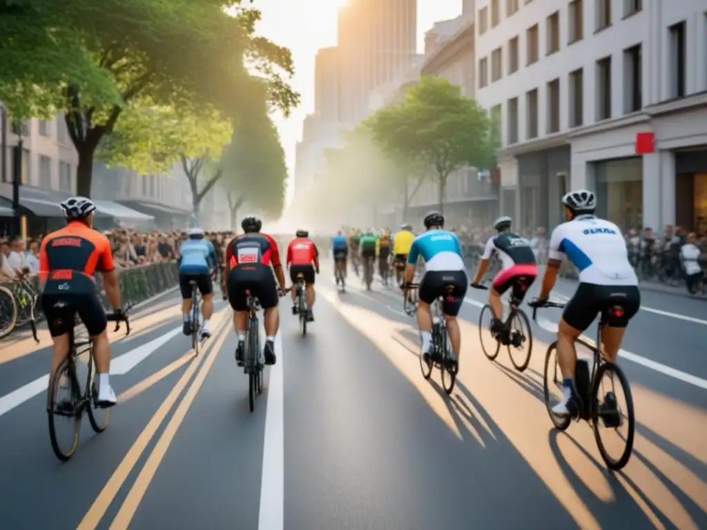 Ciclismo urbano al atardecer: diversidad y energía en la ciudad Vibrante calle de ciudad con ciclistas de todas las edades y fondos, reflejando la cultura de ciudades amigables bicicletas mundo