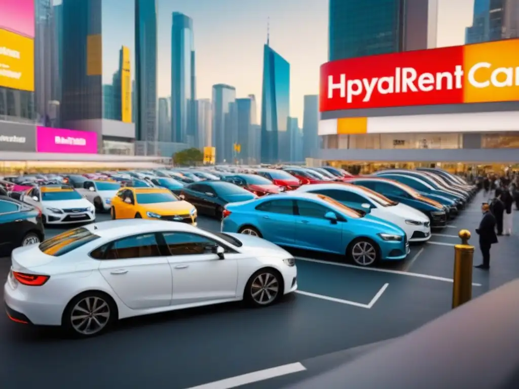 Escena urbana: Alquiler de coches en ciudad multicultural Una vibrante calle de la ciudad llena de agencias de alquiler de autos, diversidad de personas y vehículos modernos y tradicionales