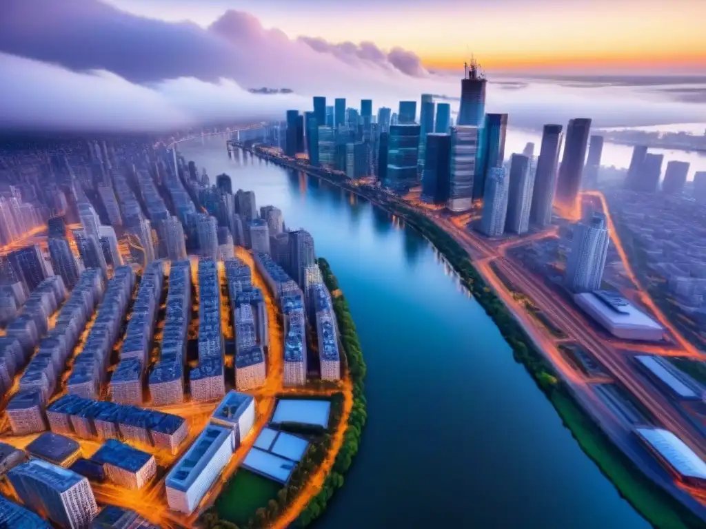 Descubre la vibrante ciudad desde las alturas con rascacielos y calles bulliciosas, reflejando la emoción del viaje