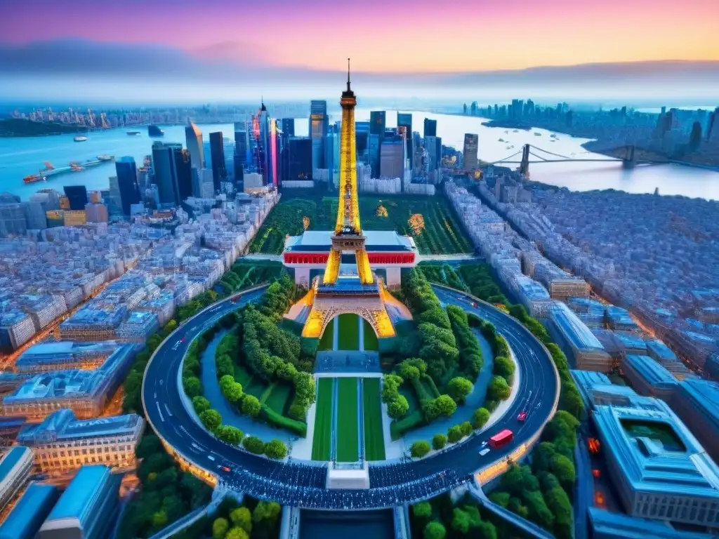 Comparativa global de alquiler de coches: ciudades icónicas interconectadas Vibrante ciudad global con íconos mundiales interconectados por carreteras y autos de alquiler, simbolizando comparativa precios renta autos mundo