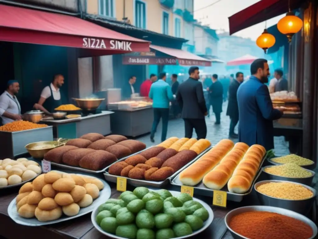 Delicias callejeras en Estambul: kebabs, simit y té turco Vibrante escena de la mejor comida callejera en Estambul, con kebabs, simit y té turco, rodeada de arquitectura histórica