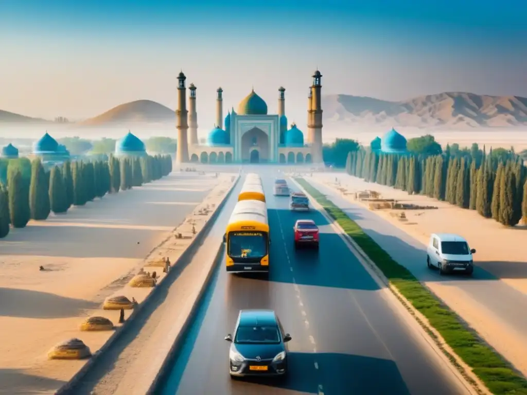 Ruta histórica y vibrante en Uzbekistán: desierto, ruinas y modernidad Vibrante escena de rutas por carretera en Uzbekistán, con antiguas ruinas y modernos vehículos en el desierto