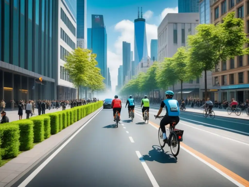 Paisaje urbano: ciclistas y peatones en armonía Vibrante escena urbana de calles con carriles bici, promoviendo ciudades amigables bicicletas mundo