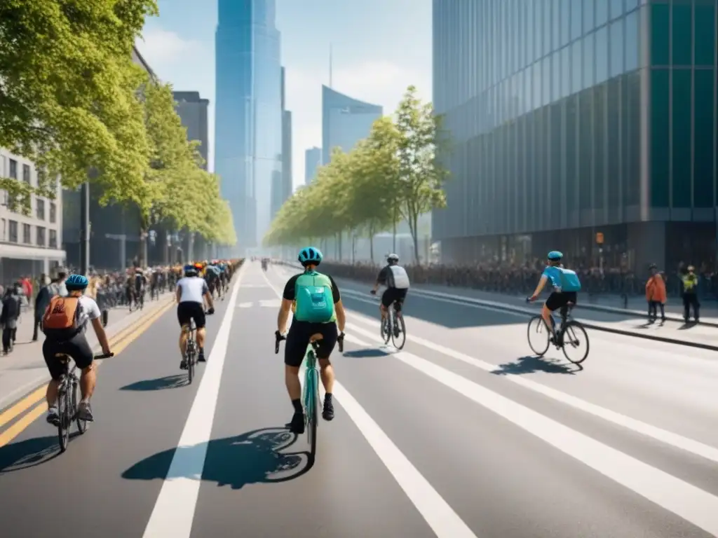 Escena urbana: Ciclistas vibrantes en la ciudad moderna Vibrante escena urbana de ciudades amigables bicicletas mundo con ciclistas de todas las edades pedaleando entre moderna arquitectura y vegetación