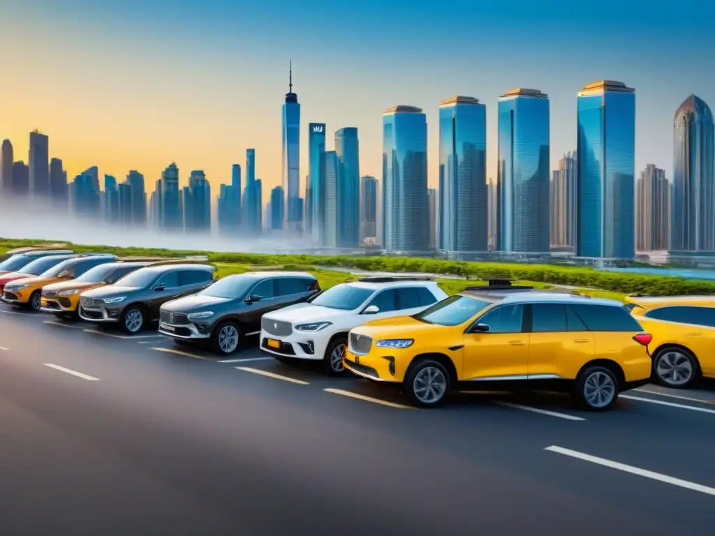 Alquiler de autos: diversidad en la ciudad Vibrante escena urbana con diversidad de autos de renta, resaltando opciones para viajeros