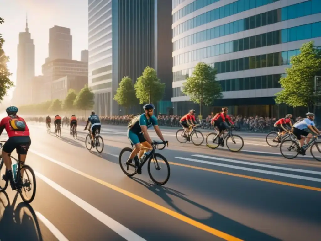 Escena urbana: diversidad en ciclistas al atardecer Un vibrante escenario urbano con ciclistas en carriles exclusivos, diversidad y edificios modernos, promoviendo ciudades amigables bicicletas mundo