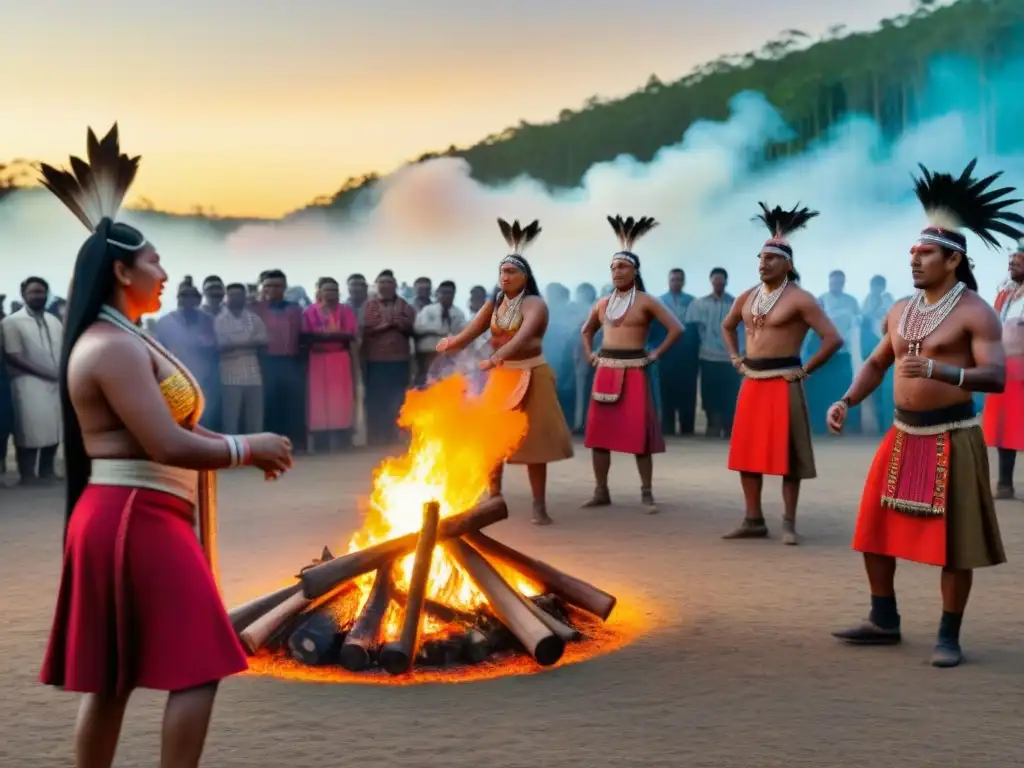 Ritual ancestral: danza indígena alrededor del fuego Vibrante festival indígena en el bosque: baile alrededor de fogata