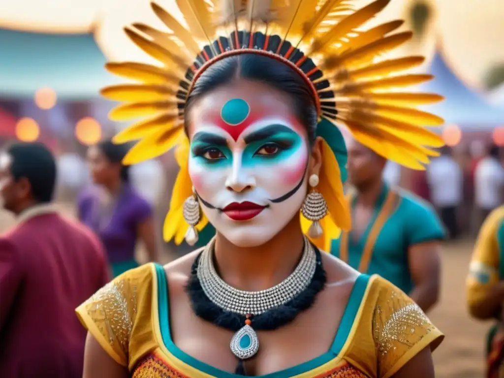 Espectáculo vibrante de festival indígena: danza, color y tradición Vibrante festival indígena, con colores y danzas tradicionales en un mercado bullicioso al atardecer
