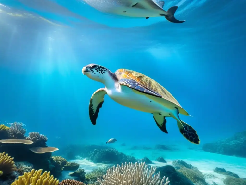Exploración costa Highway 101 acuática: escena vibrante bajo el mar con arrecifes de coral coloridos, peces tropicales y una majestuosa tortuga marina