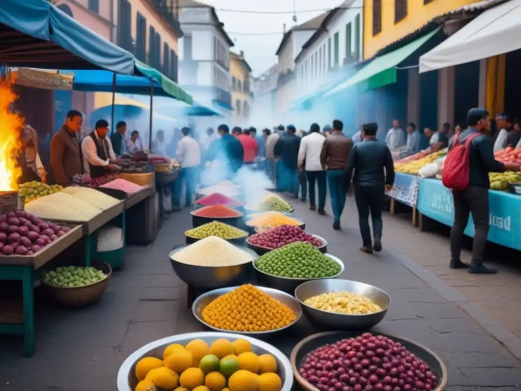 Vibrante mercado de alimentos al aire libre en una ciudad sudamericana, muestra la diversidad culinaria y riqueza cultural