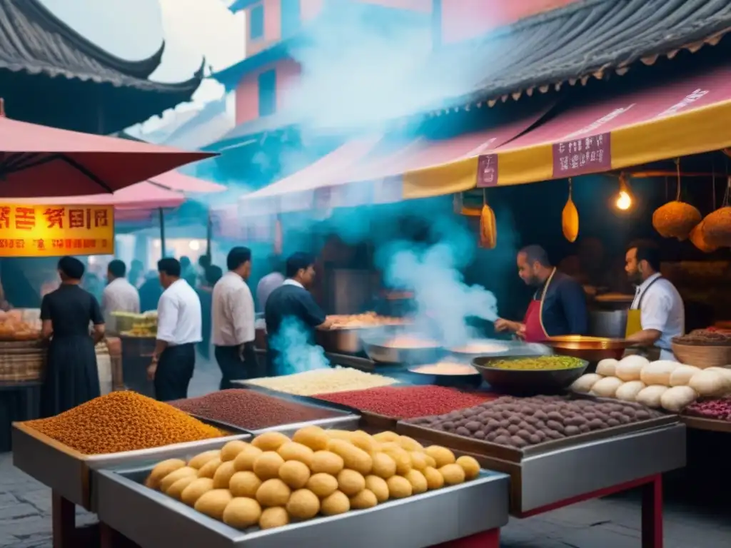 Vibrante mercado antiguo con comida callejera: kebabs, dumplings, frutas tropicales y especias aromáticas