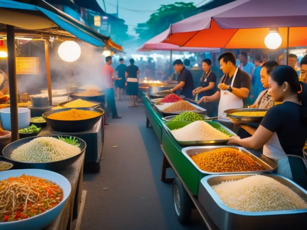Mercado callejero tailandés: sabores y colores auténticos Un vibrante mercado callejero en Tailandia con puestos de comida coloridos y gente disfrutando de la gastronomía local y la cultura tailandesa