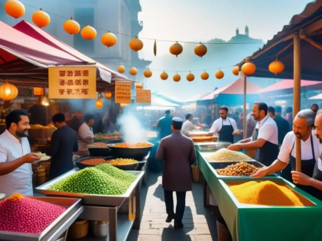 Mercado gastronómico multicultural: un festín de sabores y culturas Vibrante mercado gastronómico con intercambio cultural en una ciudad diversa