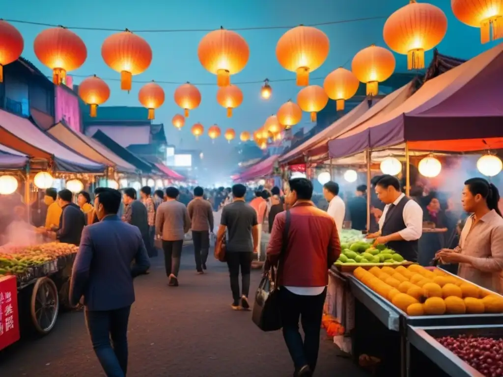 Mercado nocturno asiático: el bullicio de colores y sabores Vibrante mercado nocturno asiático con puestos coloridos y ambiente auténtico