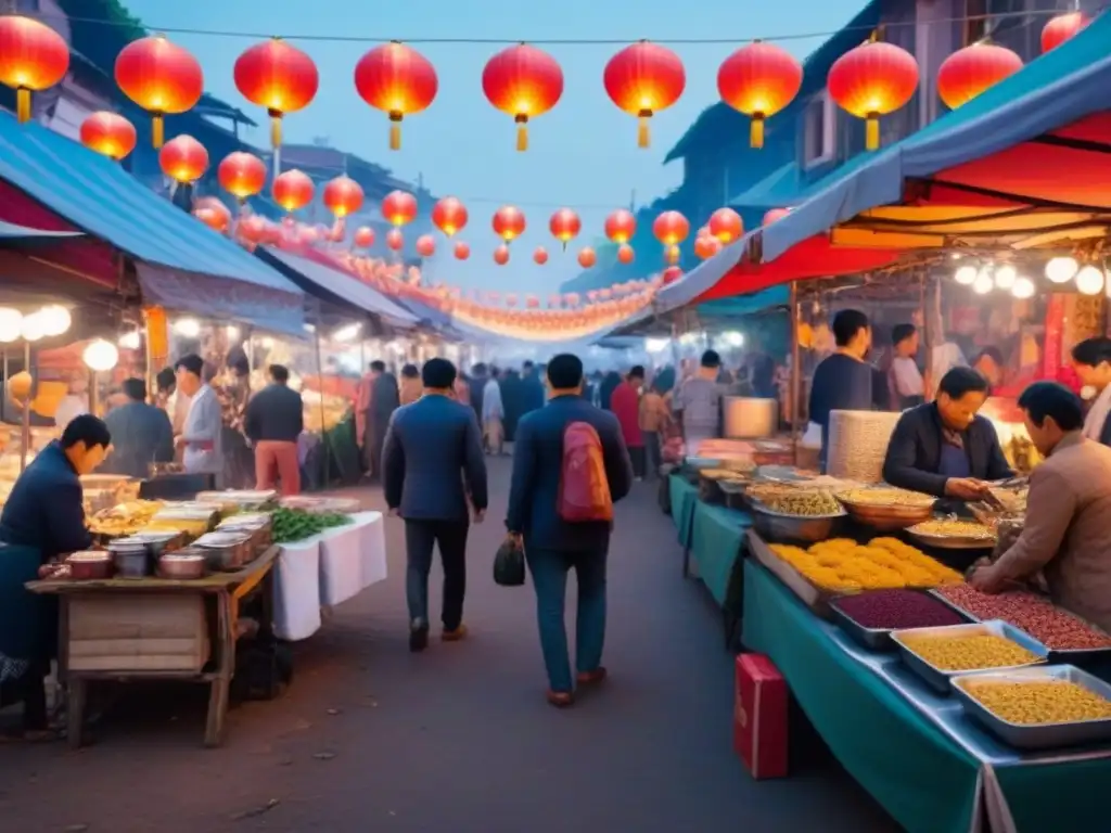 Mercado nocturno asiático: sabores, colores y cultura Vibrante mercado nocturno en Asia, iluminado por linternas coloridas y puestos de comida