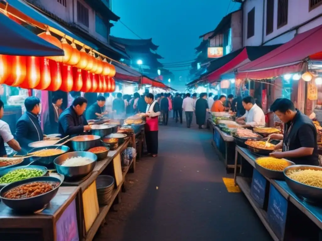 Vibrante mercado nocturno asiático: luces de neón y gastronomía callejera Vibrante mercado nocturno en Asia con luces de neón y una variedad de comida callejera