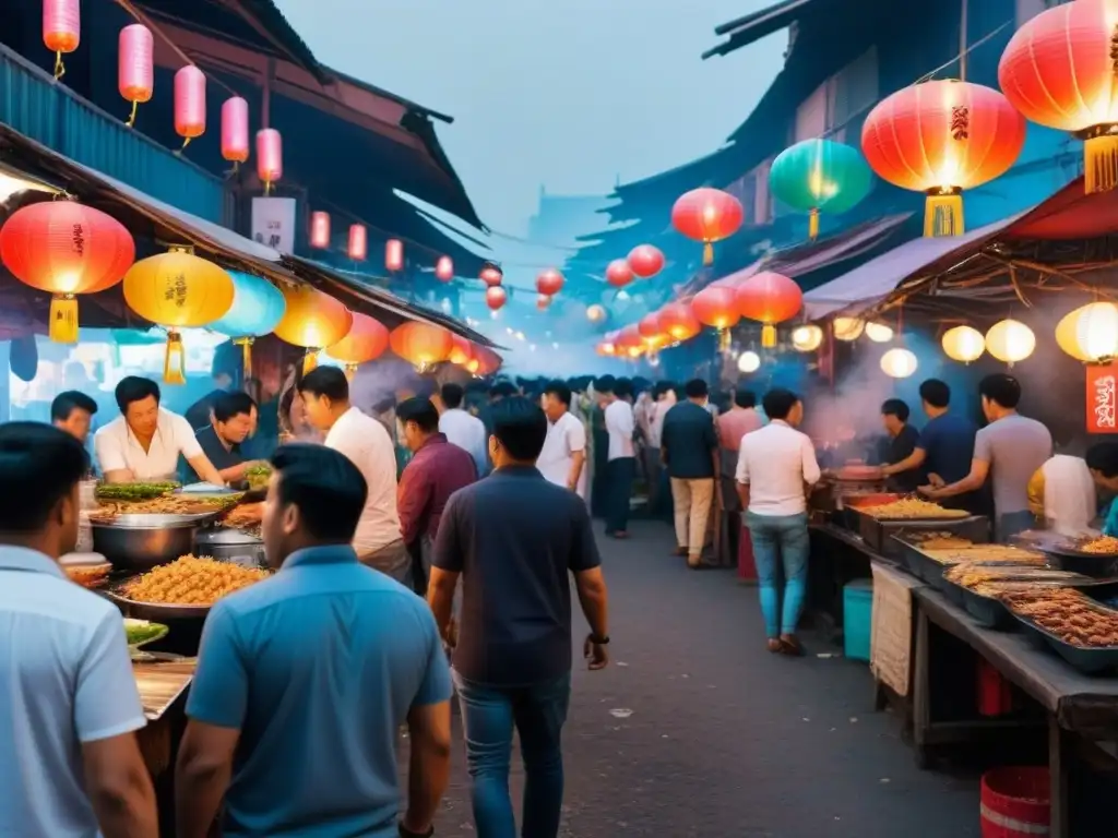 Mercado nocturno asiático: colores, sabores y vida Un vibrante mercado nocturno en Asia: puestos de comida coloridos, luces de neón, multitud diversa y energía única