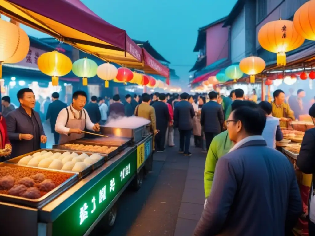 Mercado nocturno de Taipei: escena vibrante llena de comida y diversidad Vibrante mercado nocturno en Taipei, Taiwán, con comida colorida, multitud diversa y ambiente animado