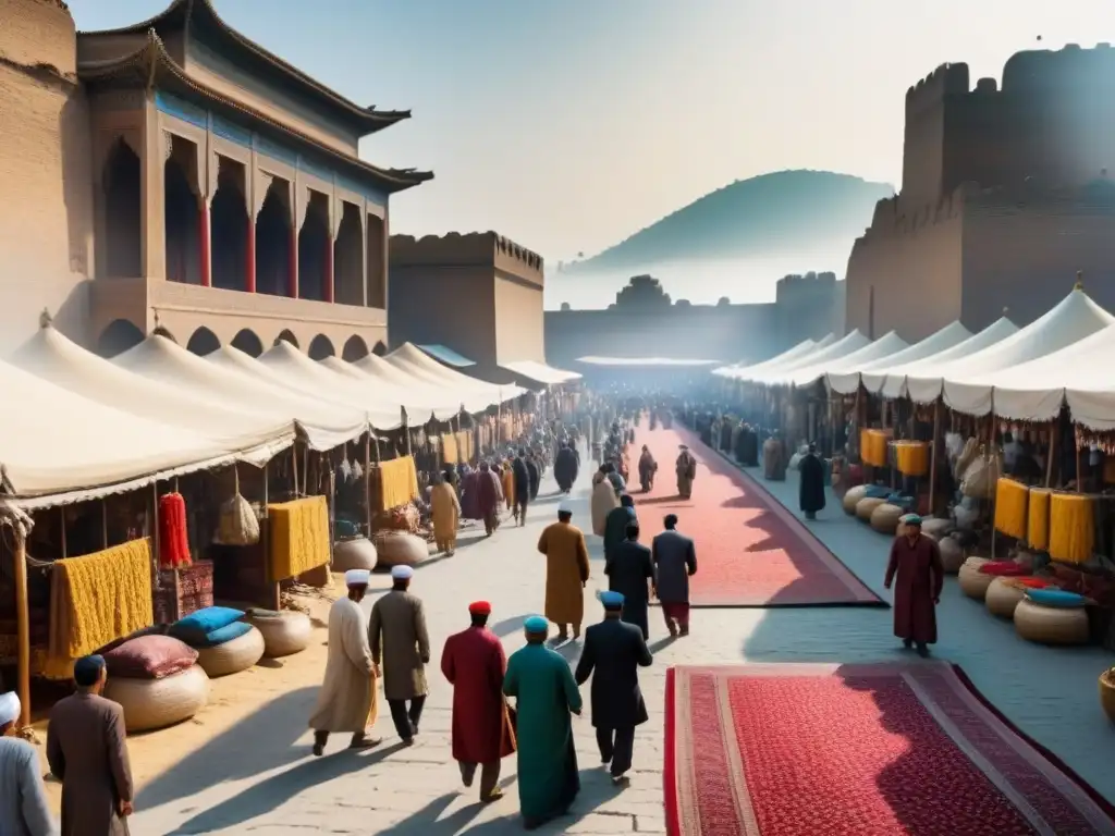 Mercado bullicioso de la Ruta de la Seda: colores vibrantes y comercio en Asia antigua Un vibrante mercado de la Ruta de la Seda en Asia con especias, telas y gente diversa comerciando bajo el sol