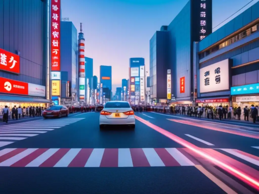 Tokyo al atardecer: mezcla vibrante de tradición y modernidad Una vibrante intersección en Tokio al anochecer, fusionando tradición y modernidad