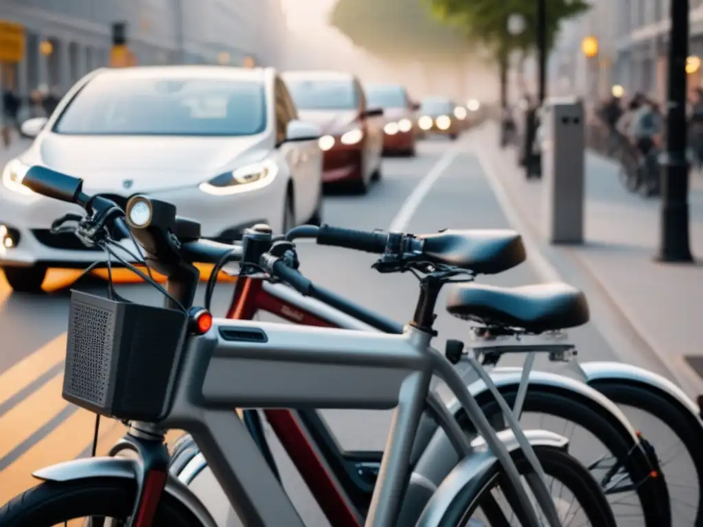 Integración Urbana: Bicicletas Eléctricas en la Ciudad Un vibrante paisaje urbano con bicicletas eléctricas integradas armoniosamente en la movilidad de la ciudad