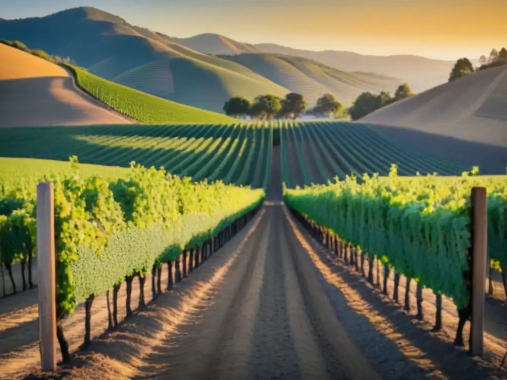 Viñedos dorados al atardecer: magia en Napa Valley Un viñedo en Napa Valley bañado por el sol al atardecer