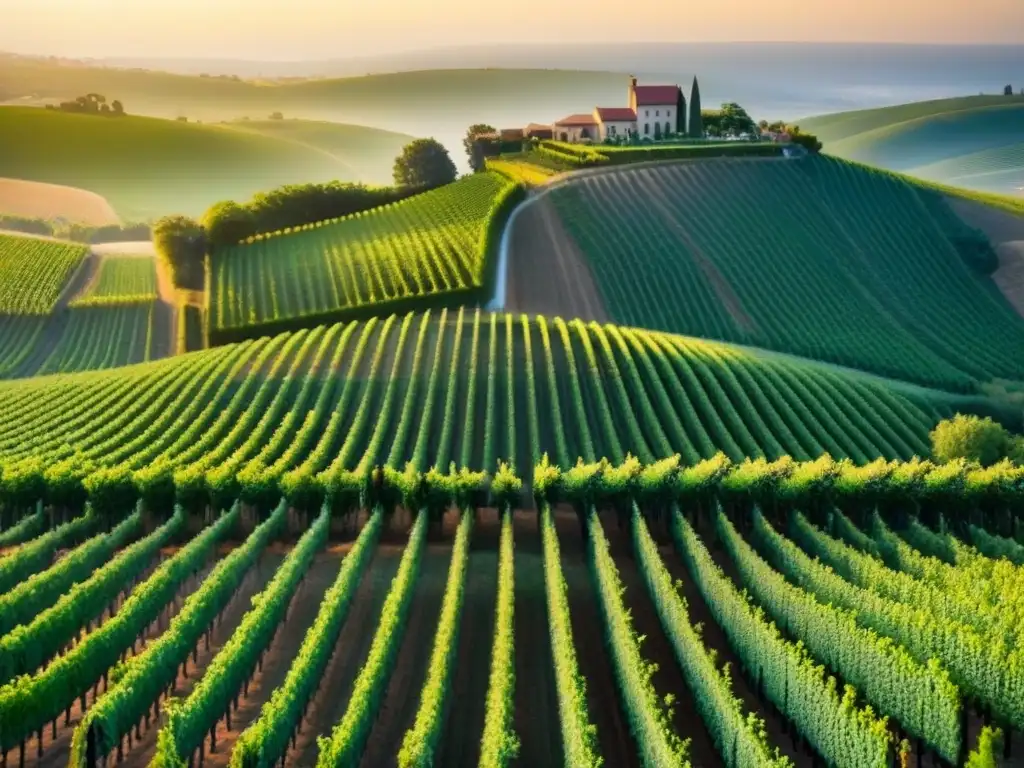 Viñedos dorados al atardecer: belleza infinita en el país del vino Vinedos interminables en colinas, bodega rustica al atardecer