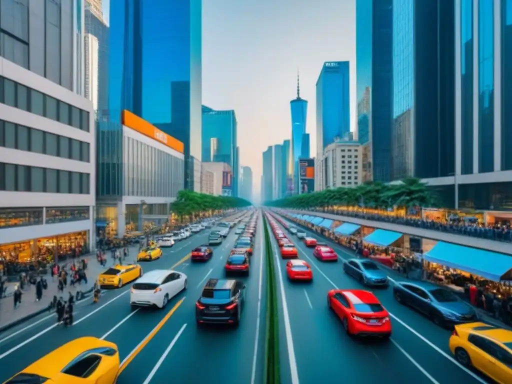 Alquiler de autos en ciudad: diversidad urbana en acción Vista aérea de una bulliciosa calle de la ciudad con vehículos de alquiler coloridos, rodeados de rascacielos y peatones