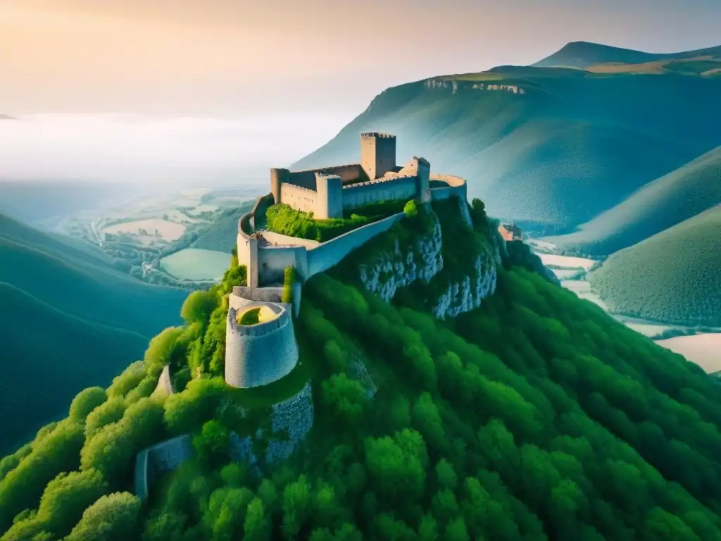 Fortaleza medieval de Montségur: historia y misterio en los Pirineos Vista aérea de la fortaleza medieval de Montségur en los Pirineos franceses, en la Ruta de los Cátaros en Francia