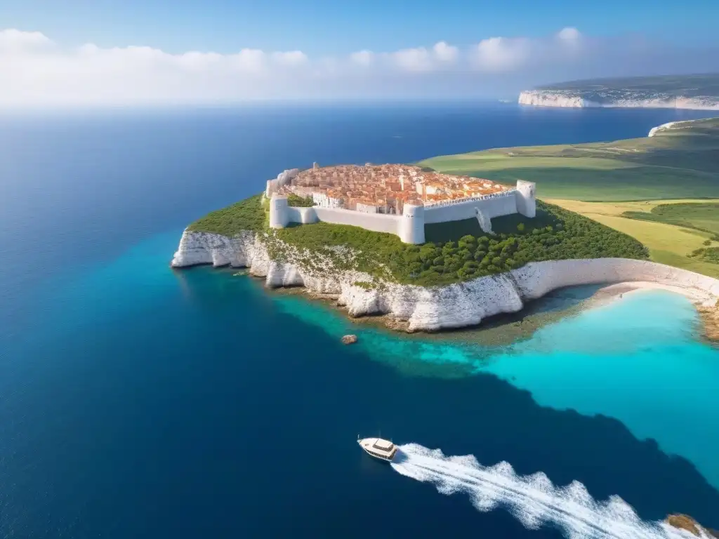 Fortaleza milenaria en acantilados de Bonifacio, Córcega Vista aérea impresionante de la antigua ciudadela de Bonifacio en los acantilados de Córcega