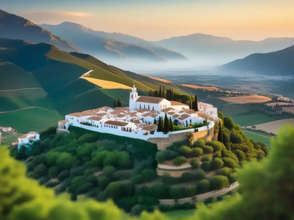 Vista aérea impresionante de Grazalema y la Sierra del Pinar Una vista aérea impresionante de Grazalema, con sus edificaciones blancas entre vegetación exuberante y la majestuosa Sierra del Pinar de fondo