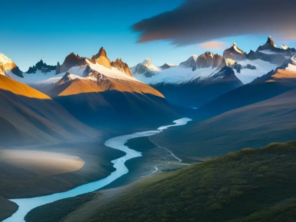 Vista aérea impresionante de la majestuosa cordillera de los Andes en la Patagonia Argentina, resplandeciendo bajo la luz dorada del atardecer