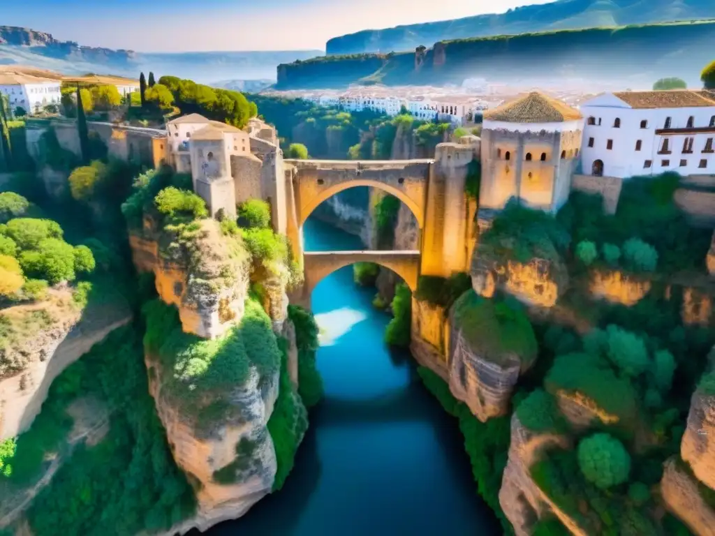 Espléndida vista aérea del Puente Nuevo en Ronda, Andalucía Vista aérea impresionante del Puente Nuevo en Ronda, Andalucía, conectando los lados del desfiladero, detallando la arquitectura y los pueblos blancos