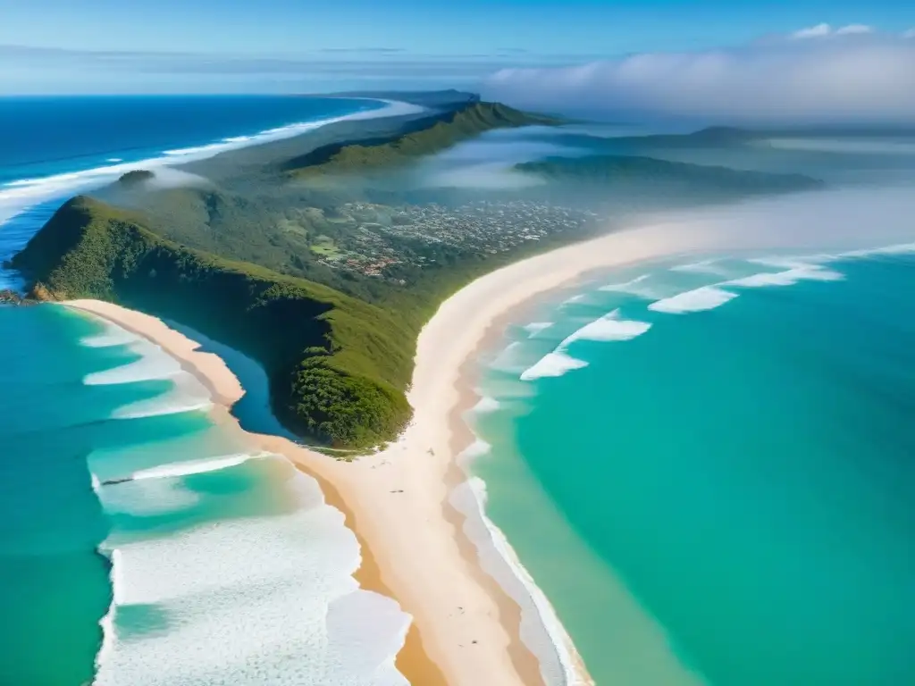 Maravillosa vista aérea de surfistas en Byron Bay, Australia Vista aérea impresionante de Byron Bay en Australia